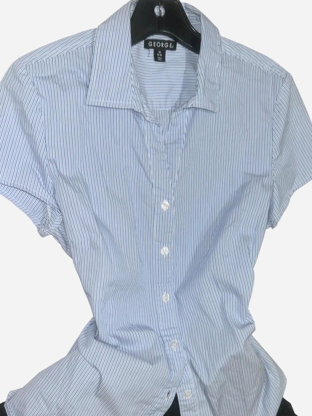 George Light Blue and White Pinstripe Short Sleeve Button-Down Shirt